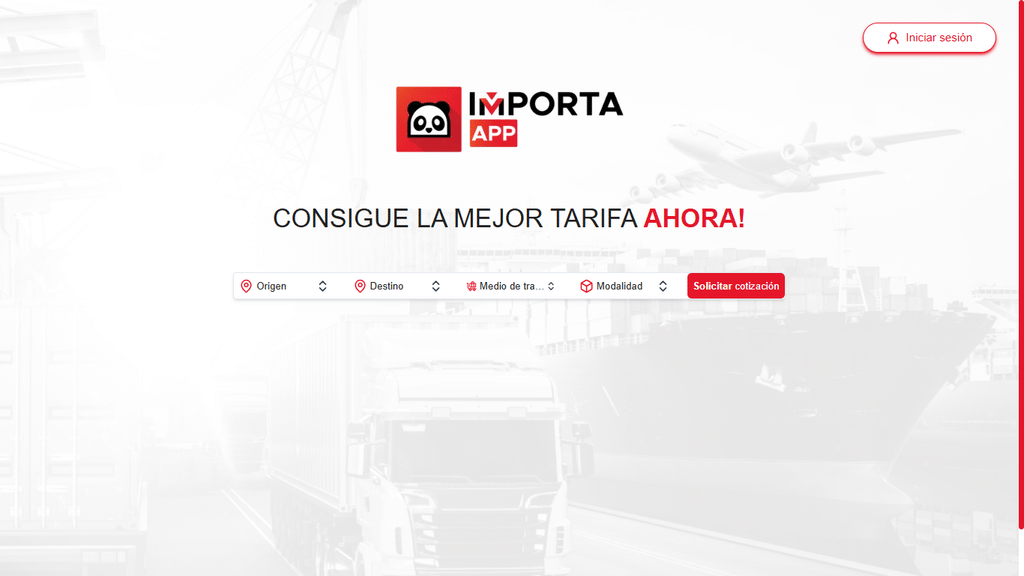 Cotiza tu Importación en 30 Segundos y Empieza a Importar 1 Pantalla para cotizar tu importación desde China con origen, destino, medio de transporte y modalidad