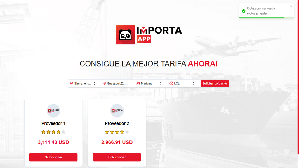 Abre tu Cuenta en Importa App Gratis y Cotiza en 30 Segundos: Importar Puede Ser Tan Fácil Como Pedir Comida 2 Cotizador de Importa App para cotizar flete desde China a Ecuador, Colombia o Perú